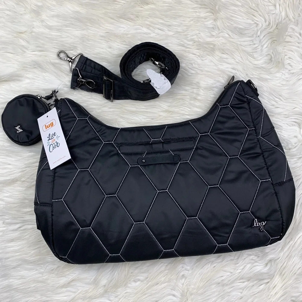 Lug Winger 2pc Hobo Bag Black Silver Stitch NEW Shoulder Crossbody Quilted Coin - Picture 2 of 9
